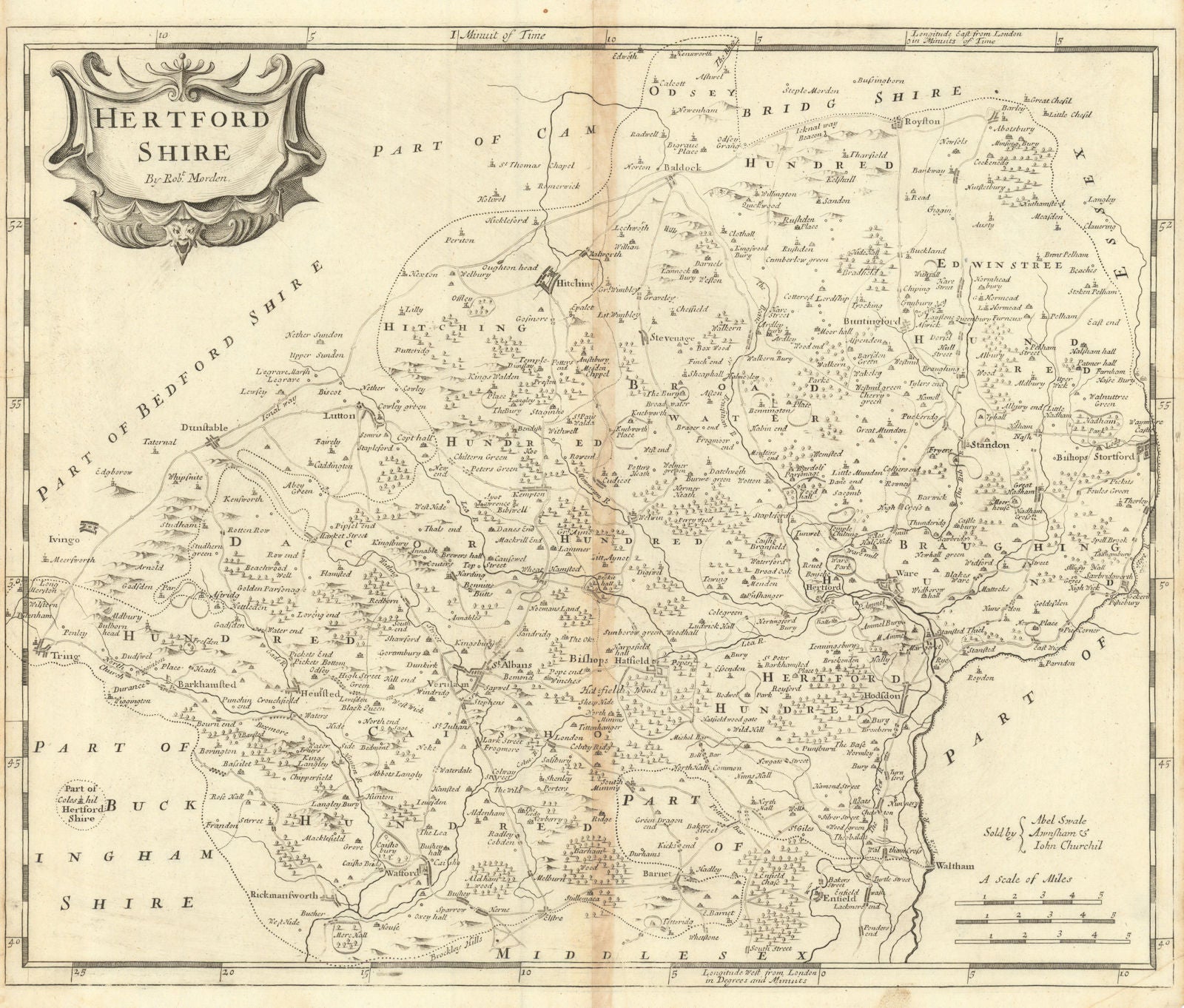 Hertfordshire. 'HERTFORD SHIRE' by ROBERT MORDEN in Camden's Britannia 1695 map